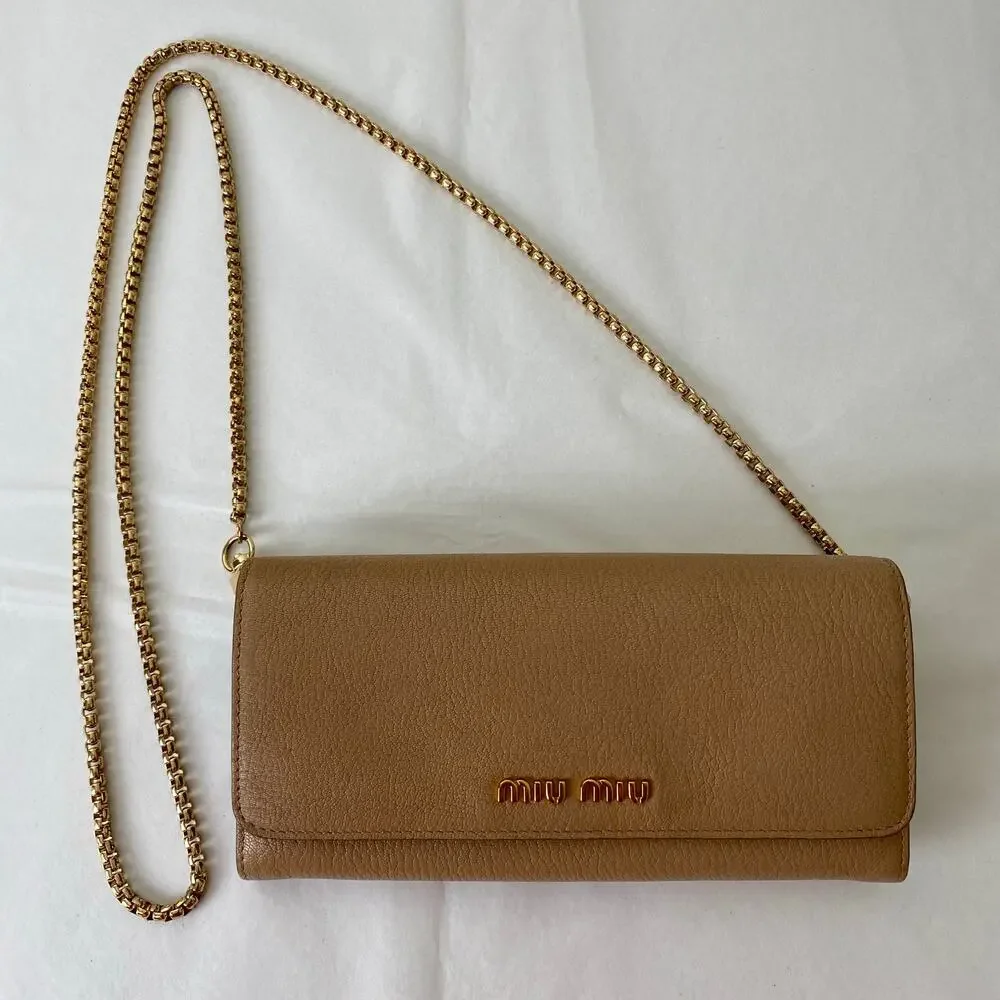 Authentic Miu Miu Beige Leather Wallet on Chain Gold Logo Crossbody - Picture 16 of 16